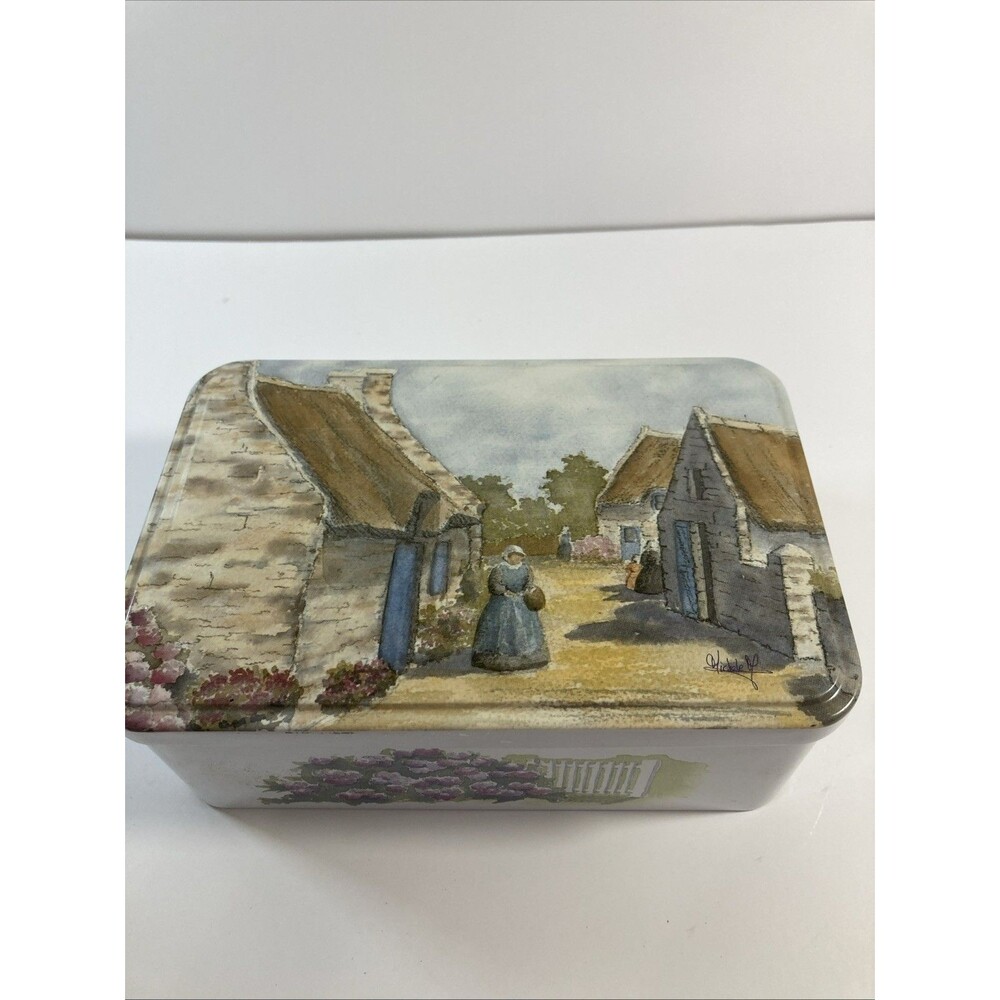 Vintage metal Hinged Lid Box Village Scene With Flowers